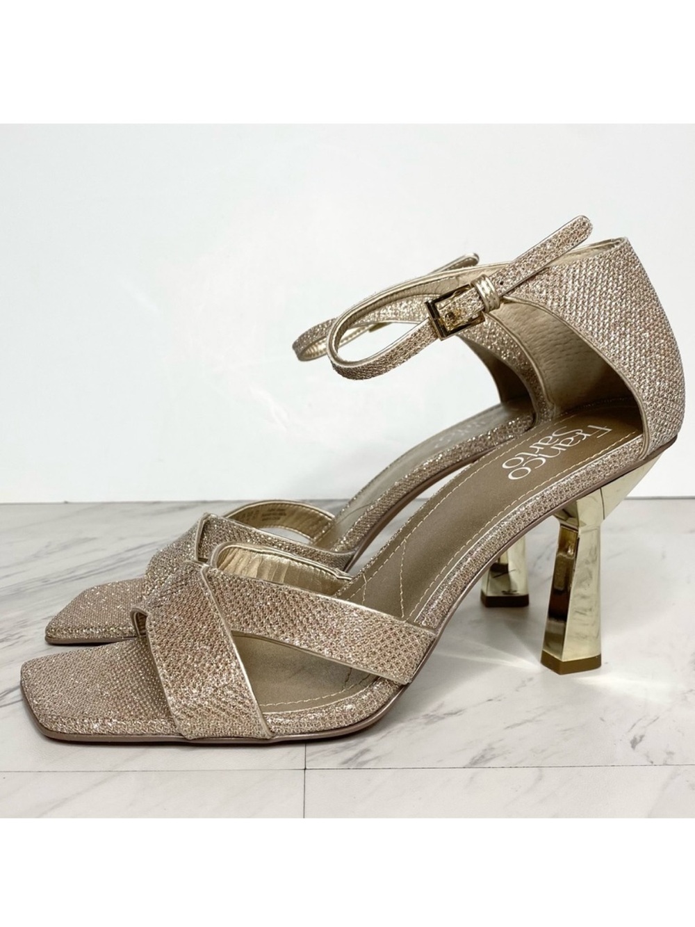 New! Franco Sarto Rania Square Toe Gold Sparkle Heeled Sandal 9M
